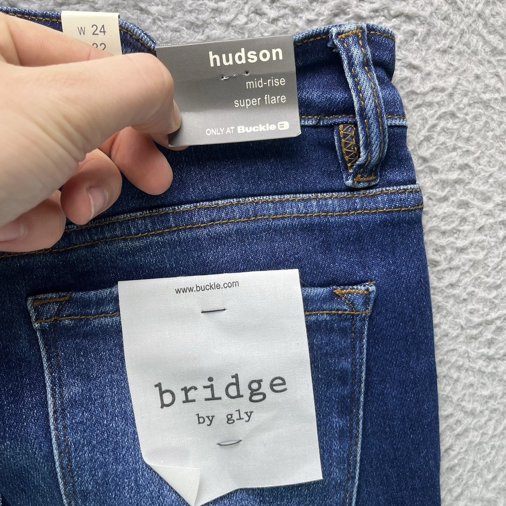 Buckle Bridge By Gly Jeans Womens 24x32 Blue Mid Rise Super Flare Dark Wash NWT - Picture 4 of 13